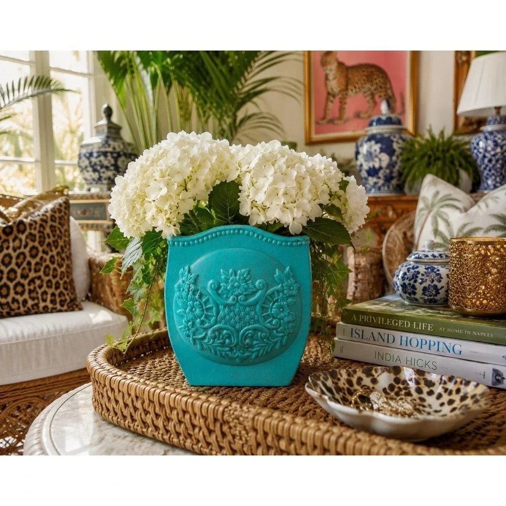 Turquoise Floral Basket Planter Cachepot Vase Cottage Decor 8
